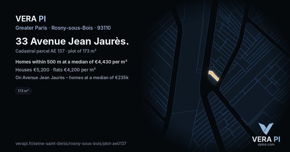 33 Avenue Jean Jaurès, Rosny-sous-Bois at night – the plot lit, the parcels around coloured by the prices near them