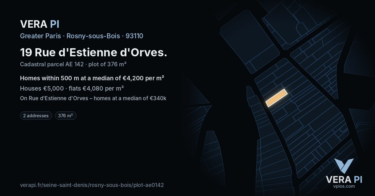 19 Rue d'Estienne d'Orves, Rosny-sous-Bois at night – the plot lit, the parcels around coloured by the prices near them