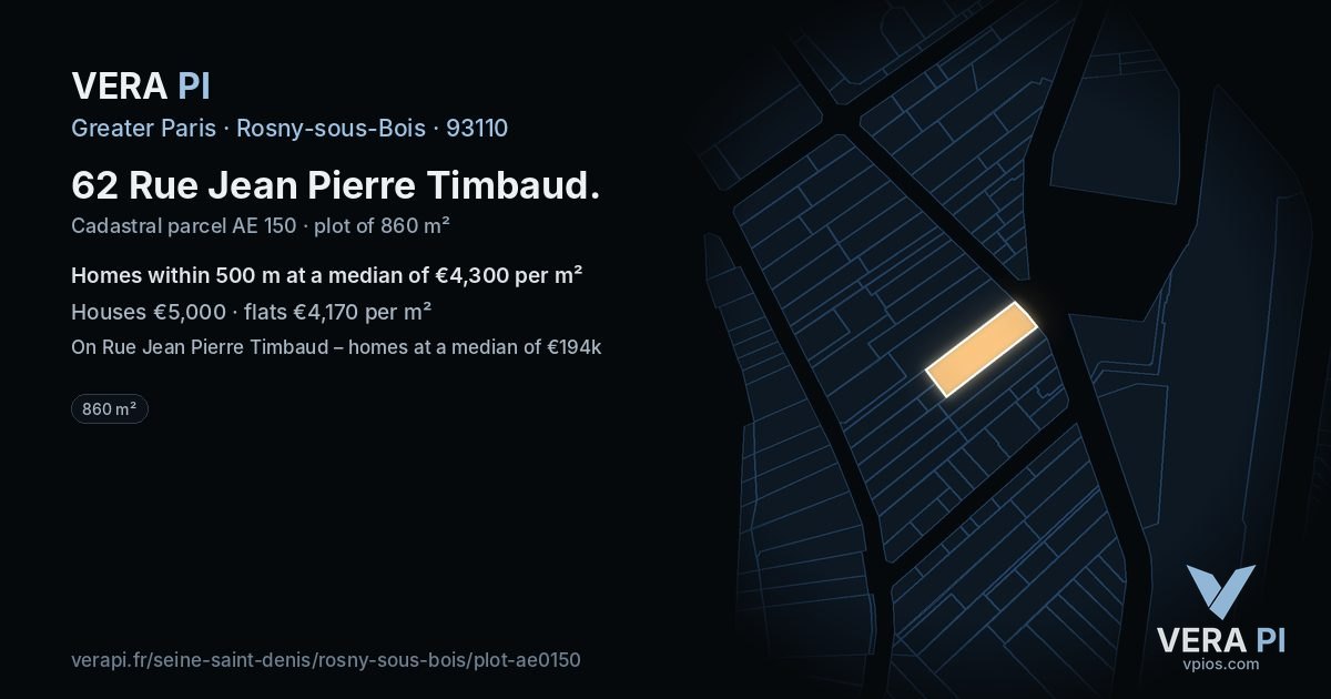 62 Rue Jean Pierre Timbaud, Rosny-sous-Bois at night – the plot lit, the parcels around coloured by the prices near them