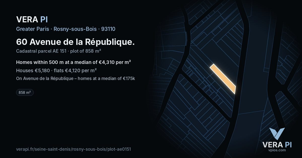 60 Avenue de la République, Rosny-sous-Bois at night – the plot lit, the parcels around coloured by the prices near them