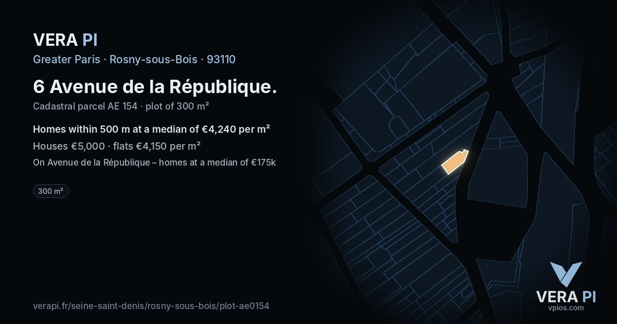 6 Avenue de la République, Rosny-sous-Bois at night – the plot lit, the parcels around coloured by the prices near them