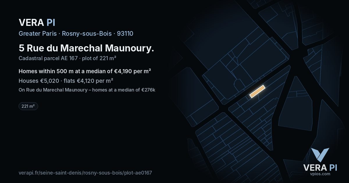 5 Rue du Marechal Maunoury, Rosny-sous-Bois at night – the plot lit, the parcels around coloured by the prices near them
