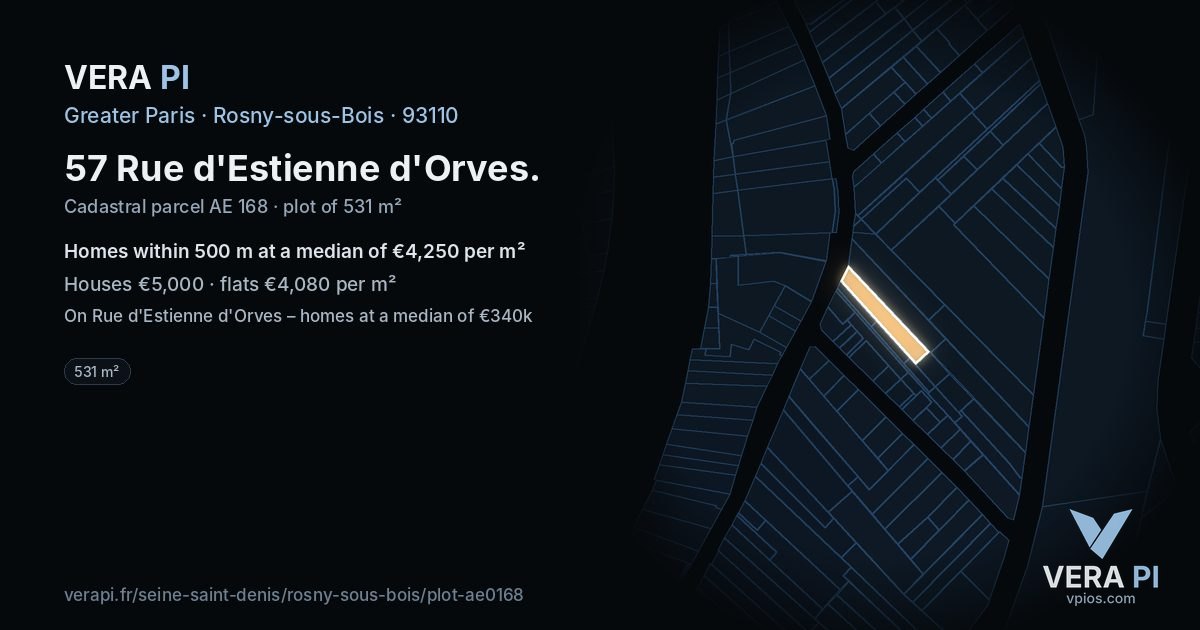 57 Rue d'Estienne d'Orves, Rosny-sous-Bois at night – the plot lit, the parcels around coloured by the prices near them