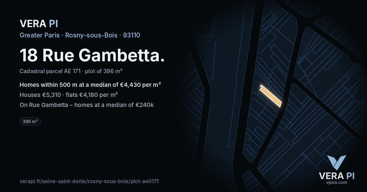 18 Rue Gambetta, Rosny-sous-Bois at night – the plot lit, the parcels around coloured by the prices near them