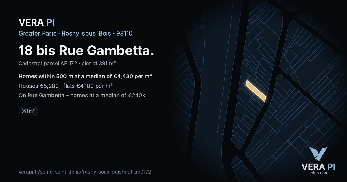 18 bis Rue Gambetta, Rosny-sous-Bois at night – the plot lit, the parcels around coloured by the prices near them