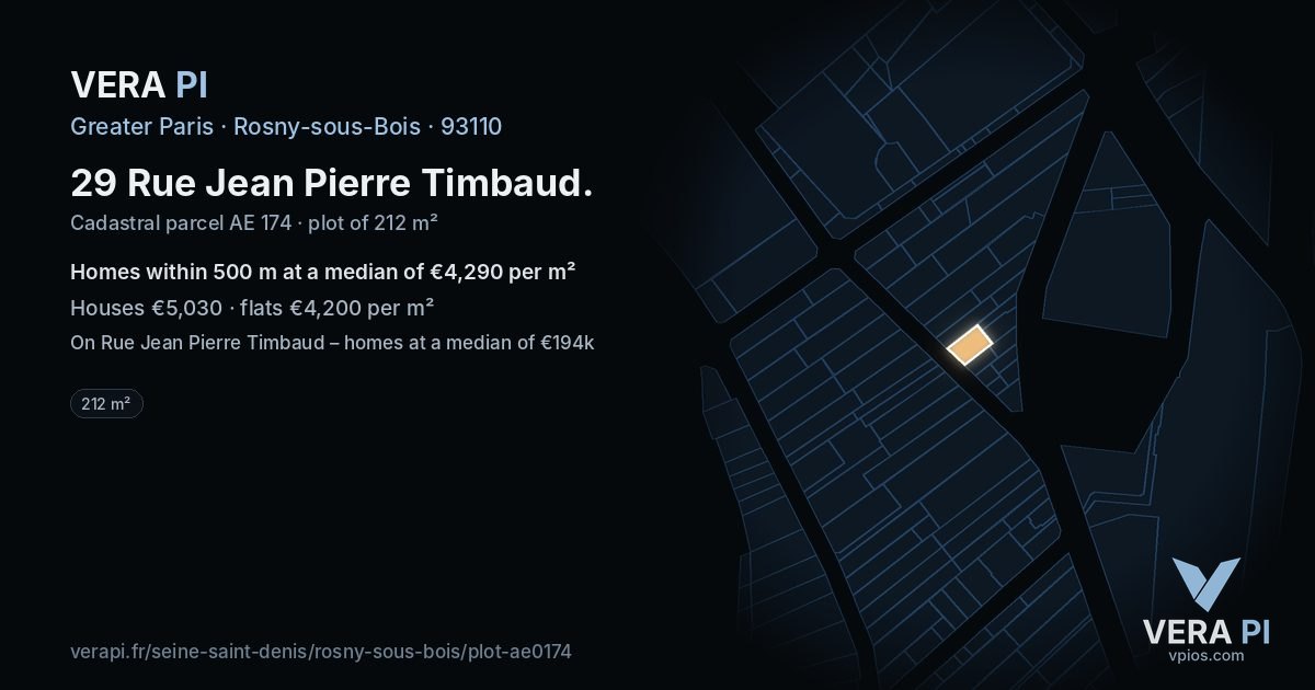 29 Rue Jean Pierre Timbaud, Rosny-sous-Bois at night – the plot lit, the parcels around coloured by the prices near them