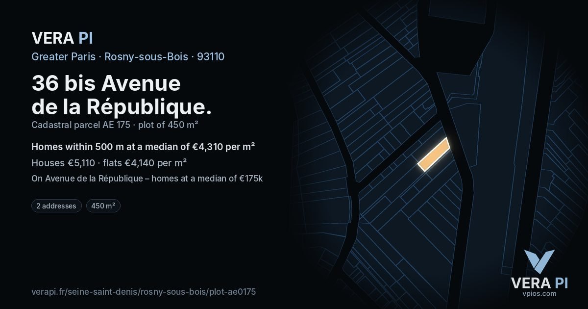 36 bis Avenue de la République, Rosny-sous-Bois at night – the plot lit, the parcels around coloured by the prices near them