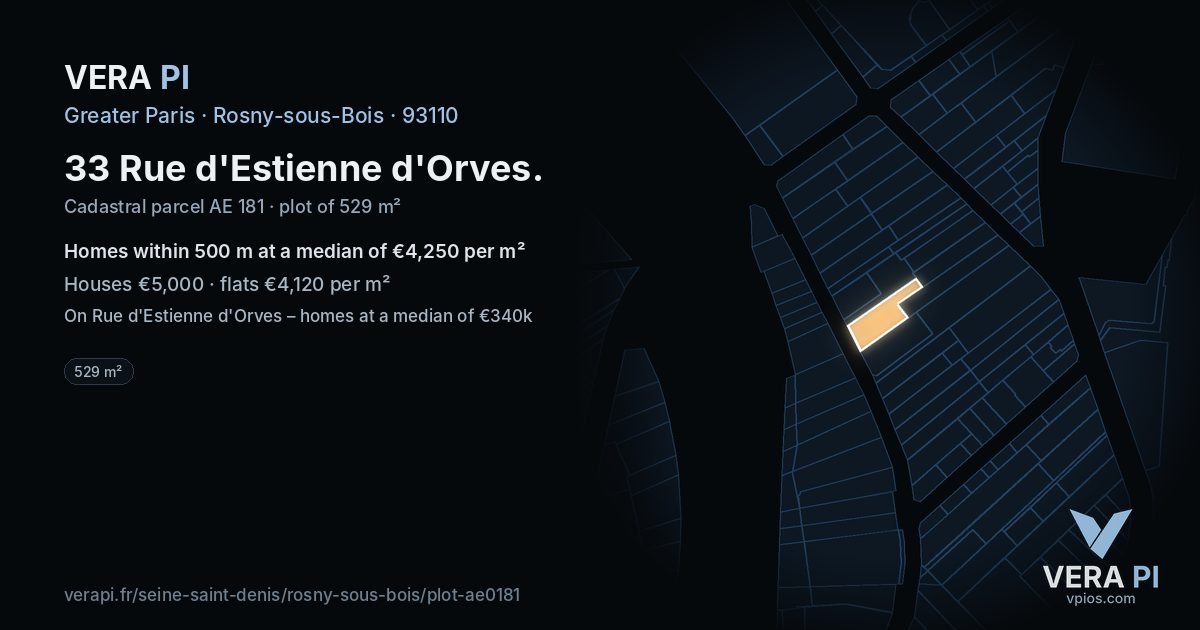 33 Rue d'Estienne d'Orves, Rosny-sous-Bois at night – the plot lit, the parcels around coloured by the prices near them