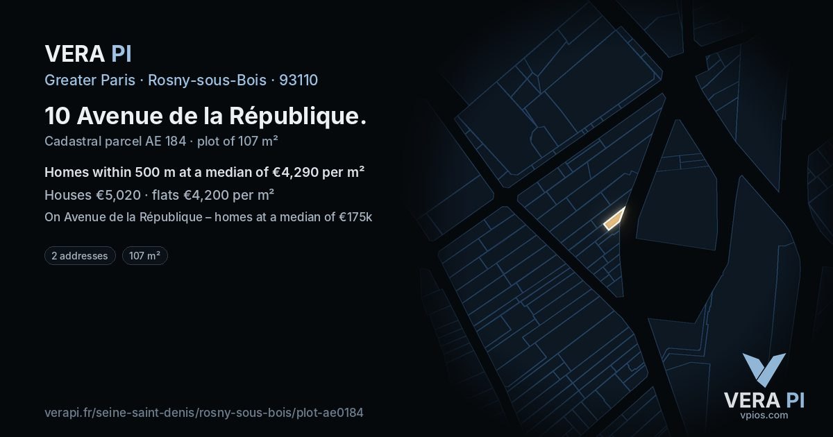 10 Avenue de la République, Rosny-sous-Bois at night – the plot lit, the parcels around coloured by the prices near them