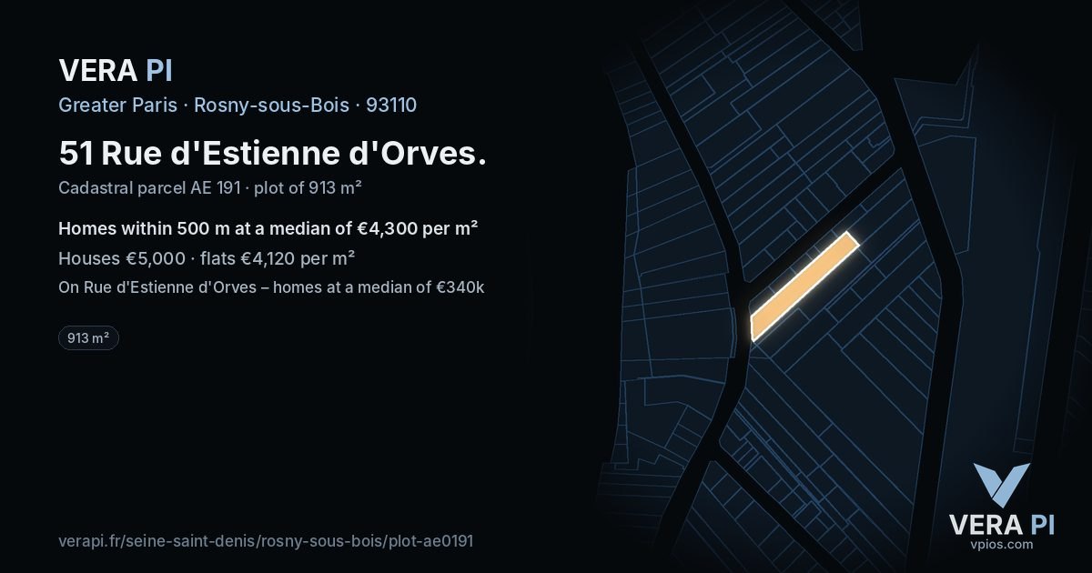 51 Rue d'Estienne d'Orves, Rosny-sous-Bois at night – the plot lit, the parcels around coloured by the prices near them