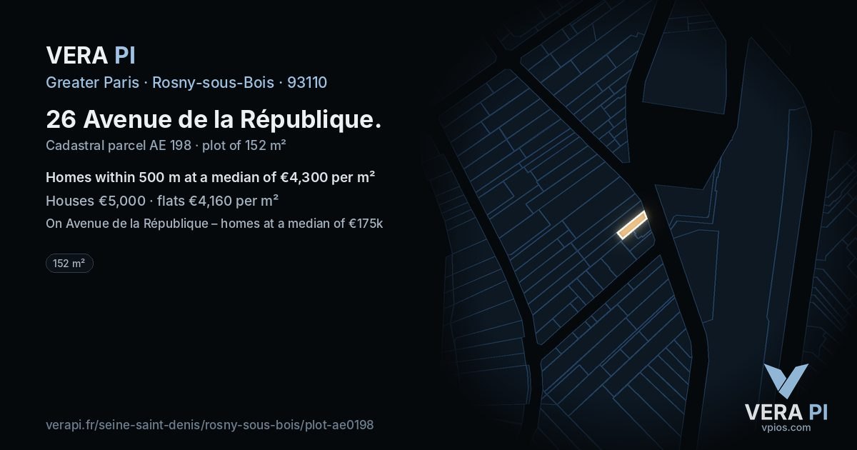 26 Avenue de la République, Rosny-sous-Bois at night – the plot lit, the parcels around coloured by the prices near them