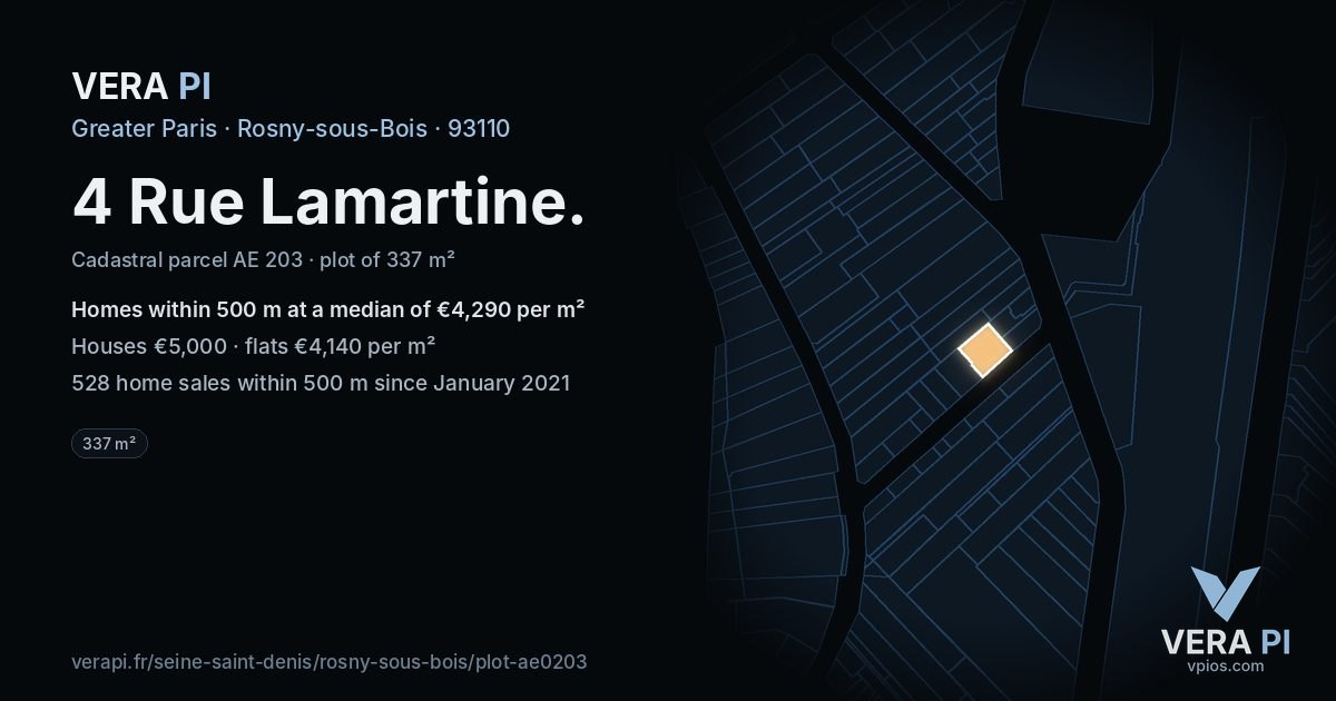 4 Rue Lamartine, Rosny-sous-Bois at night – the plot lit, the parcels around coloured by the prices near them