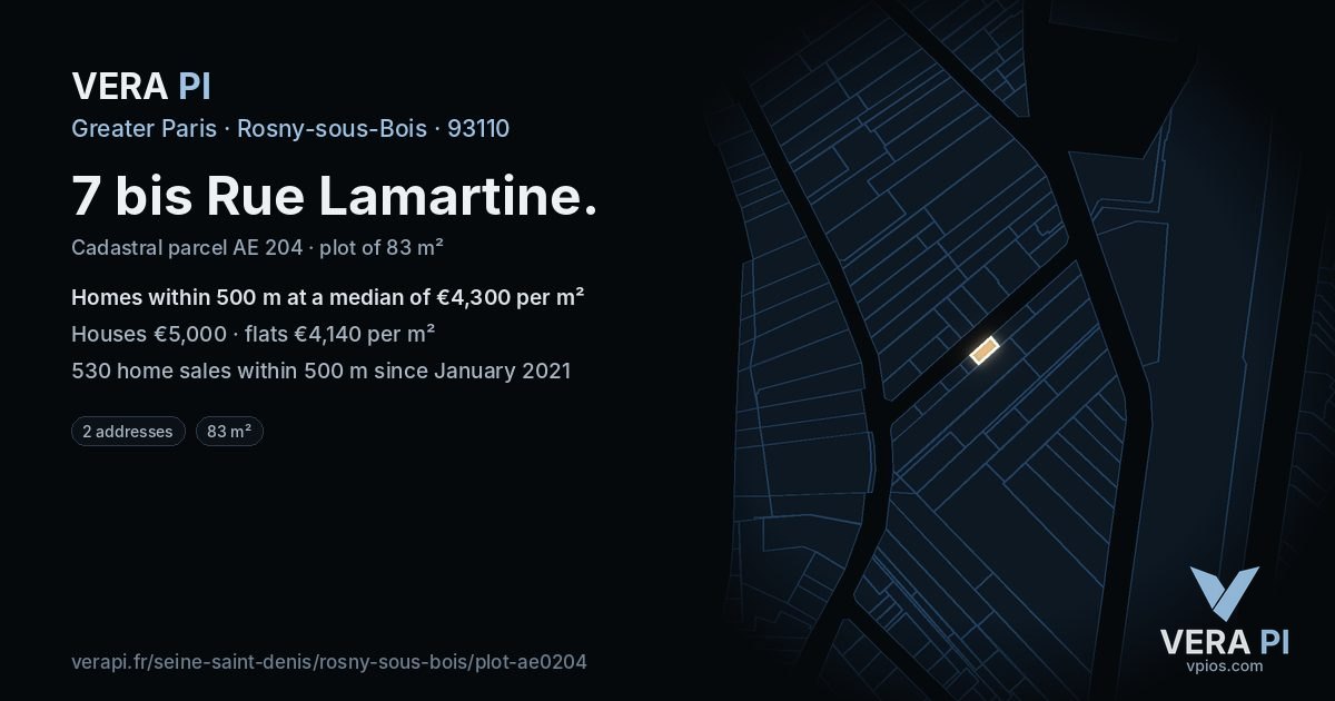 7 bis Rue Lamartine, Rosny-sous-Bois at night – the plot lit, the parcels around coloured by the prices near them