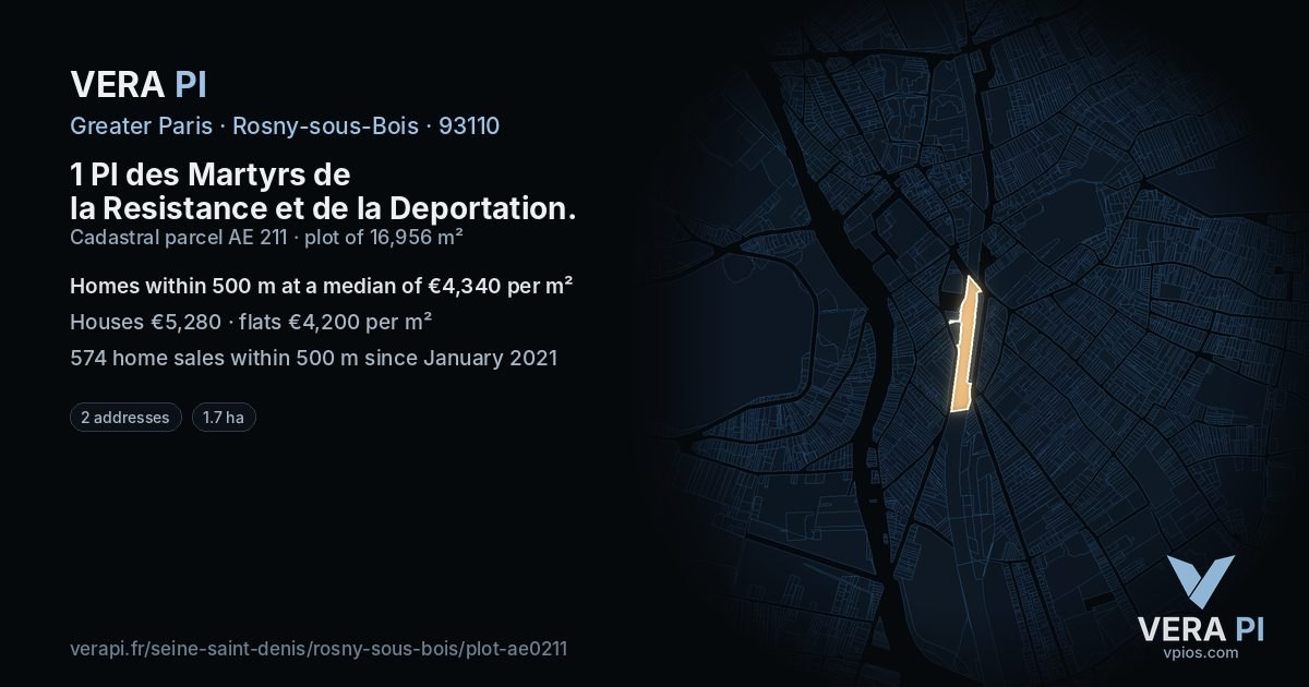 1 Pl des Martyrs de la Resistance et de la Deportation, Rosny-sous-Bois at night – the plot lit, the parcels around coloured by the prices near them