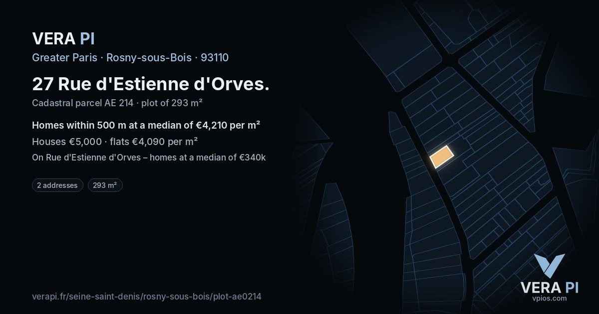 27 Rue d'Estienne d'Orves, Rosny-sous-Bois at night – the plot lit, the parcels around coloured by the prices near them