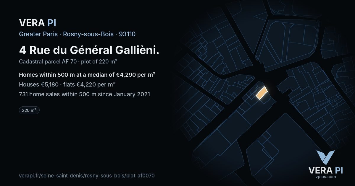 4 Rue du Général Gallièni, Rosny-sous-Bois at night – the plot lit, the parcels around coloured by the prices near them