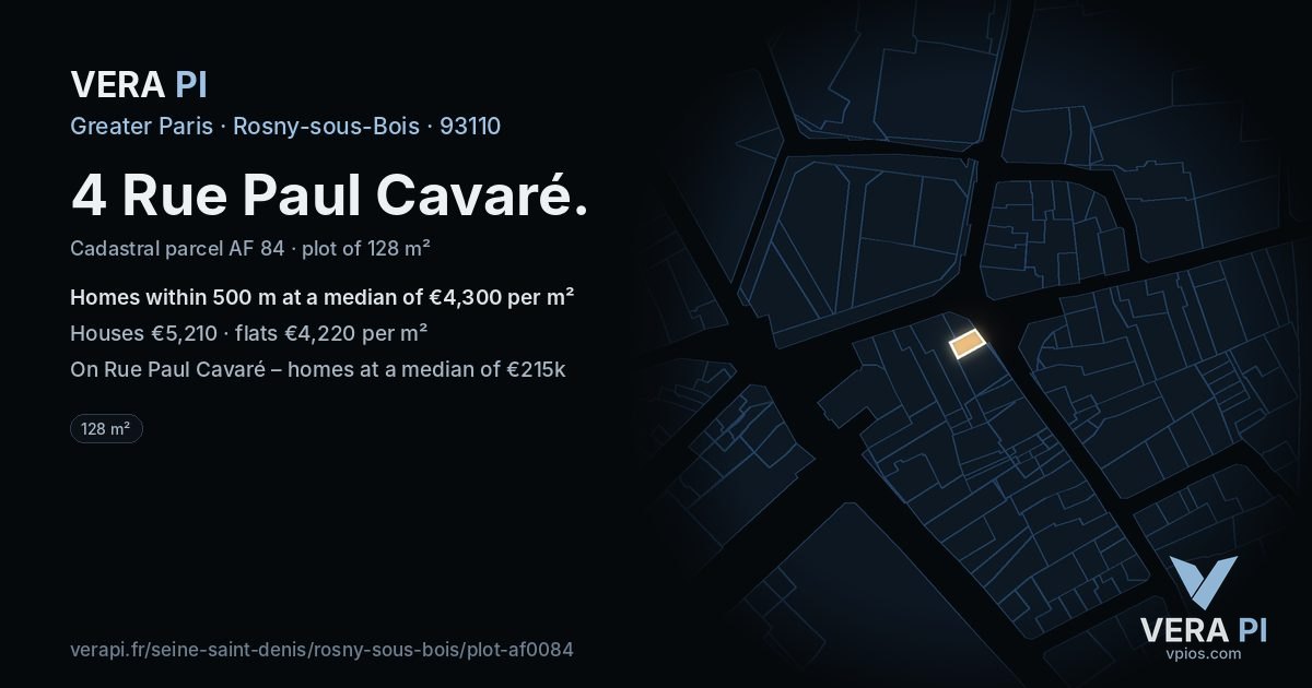 4 Rue Paul Cavaré, Rosny-sous-Bois at night – the plot lit, the parcels around coloured by the prices near them