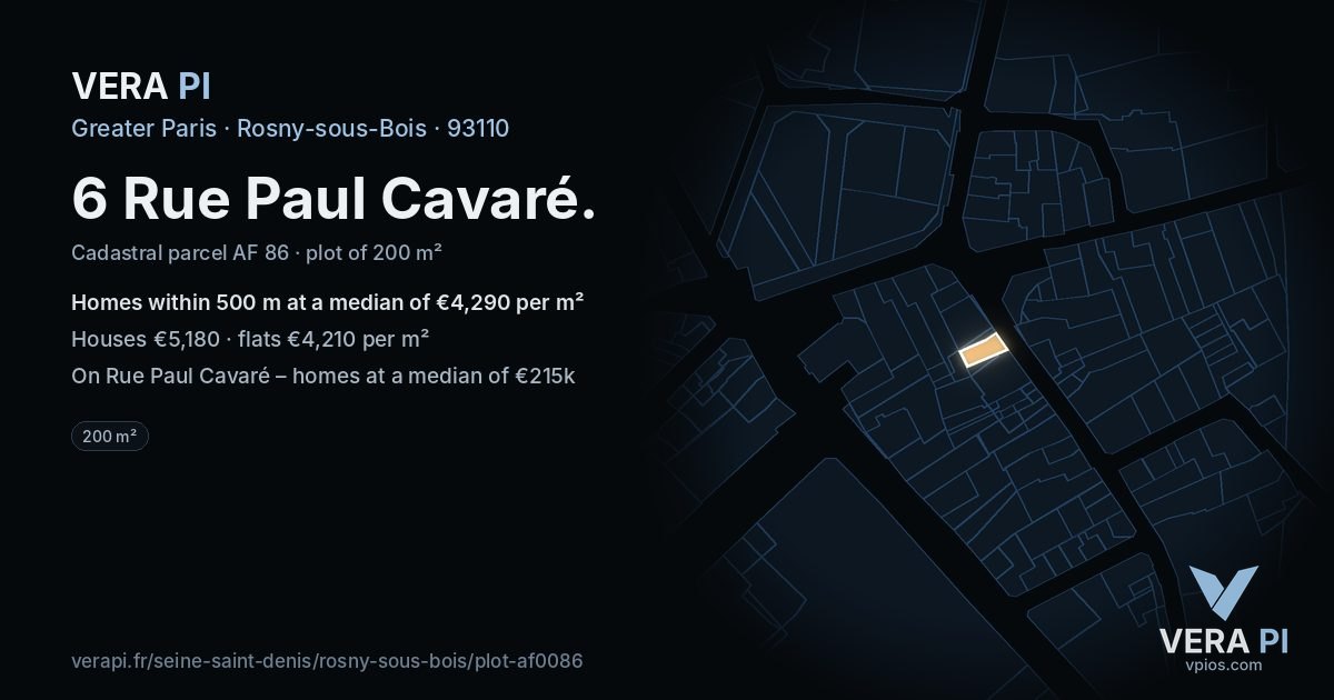6 Rue Paul Cavaré, Rosny-sous-Bois at night – the plot lit, the parcels around coloured by the prices near them