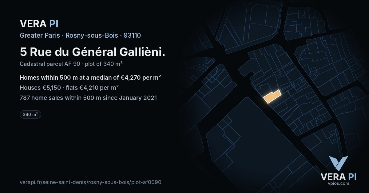 5 Rue du Général Gallièni, Rosny-sous-Bois at night – the plot lit, the parcels around coloured by the prices near them