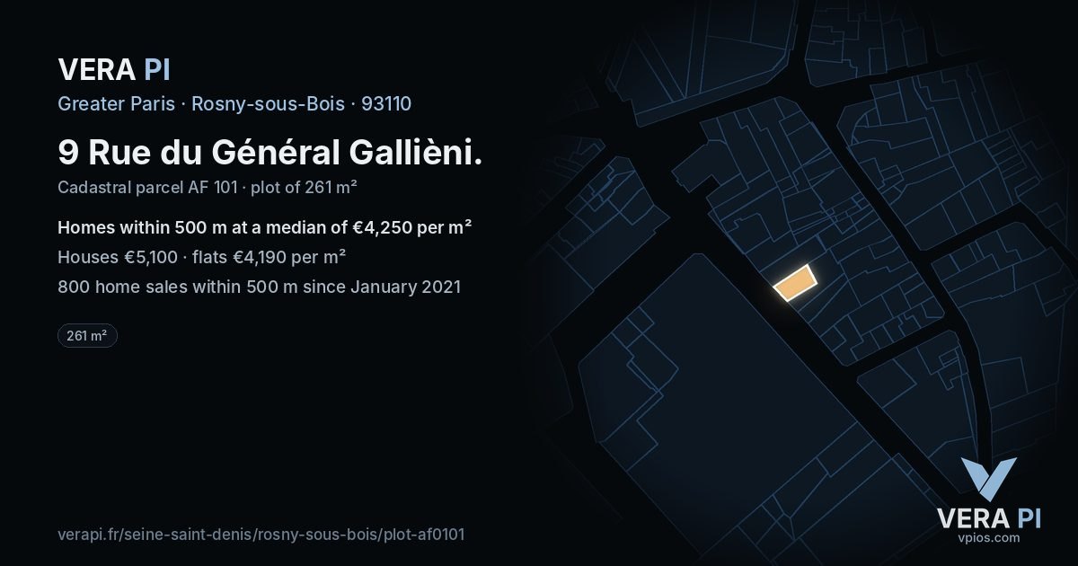 9 Rue du Général Gallièni, Rosny-sous-Bois at night – the plot lit, the parcels around coloured by the prices near them