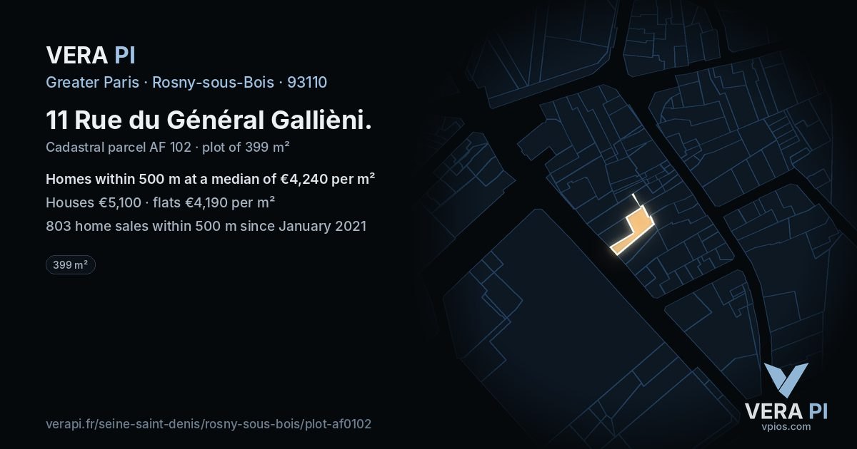 11 Rue du Général Gallièni, Rosny-sous-Bois at night – the plot lit, the parcels around coloured by the prices near them