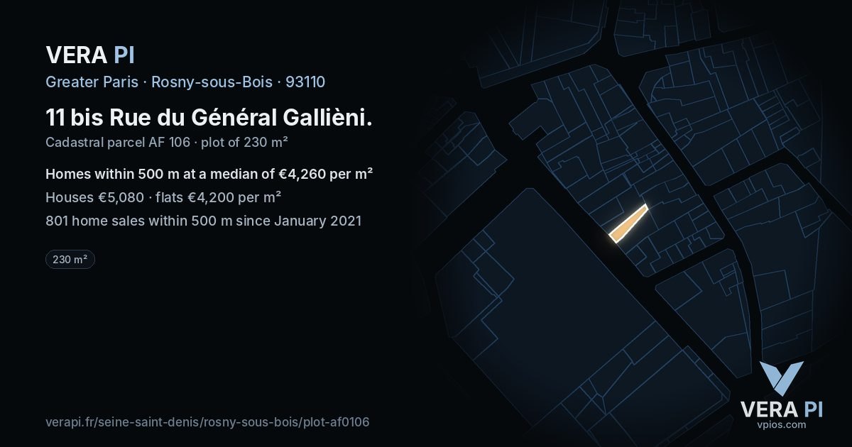 11 bis Rue du Général Gallièni, Rosny-sous-Bois at night – the plot lit, the parcels around coloured by the prices near them