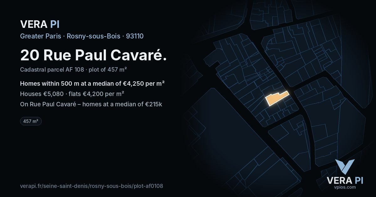 20 Rue Paul Cavaré, Rosny-sous-Bois at night – the plot lit, the parcels around coloured by the prices near them