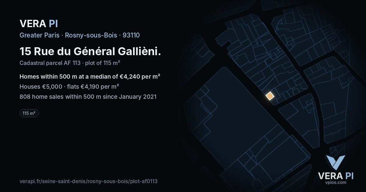 15 Rue du Général Gallièni, Rosny-sous-Bois at night – the plot lit, the parcels around coloured by the prices near them