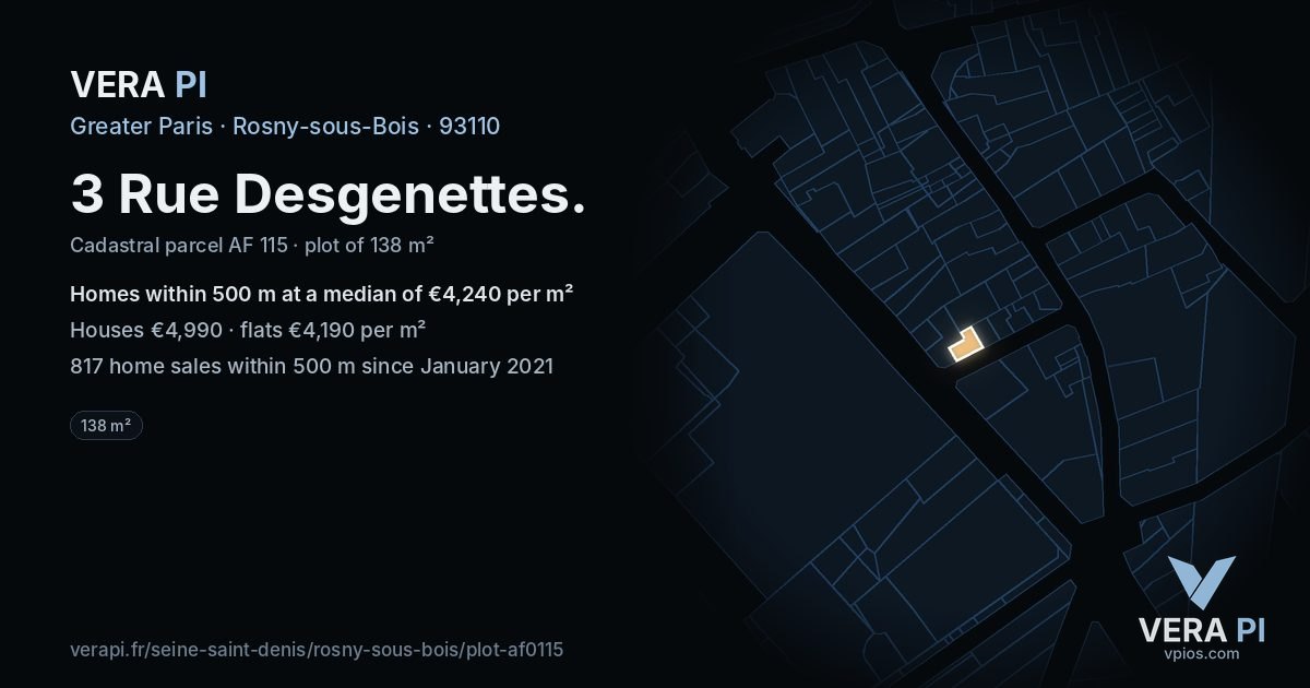 3 Rue Desgenettes, Rosny-sous-Bois at night – the plot lit, the parcels around coloured by the prices near them