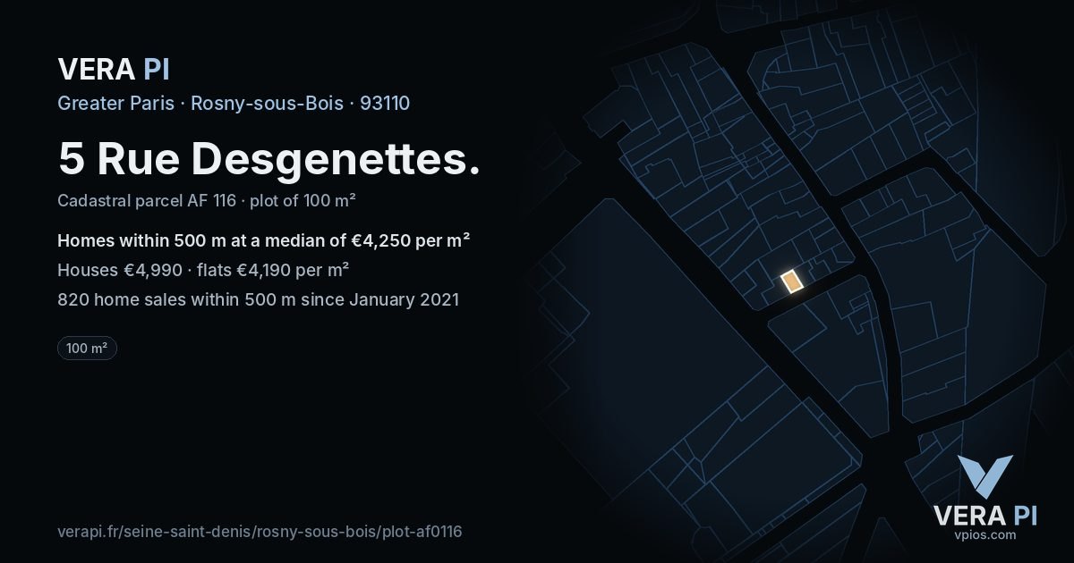 5 Rue Desgenettes, Rosny-sous-Bois at night – the plot lit, the parcels around coloured by the prices near them