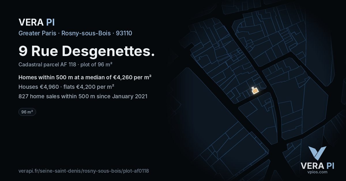 9 Rue Desgenettes, Rosny-sous-Bois at night – the plot lit, the parcels around coloured by the prices near them