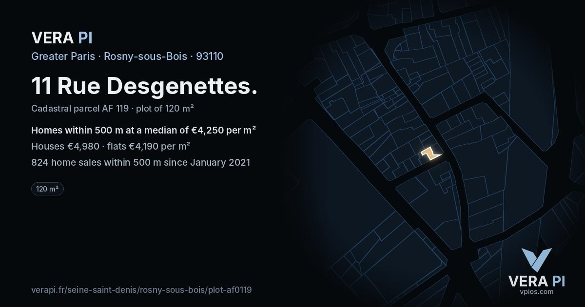 11 Rue Desgenettes, Rosny-sous-Bois at night – the plot lit, the parcels around coloured by the prices near them