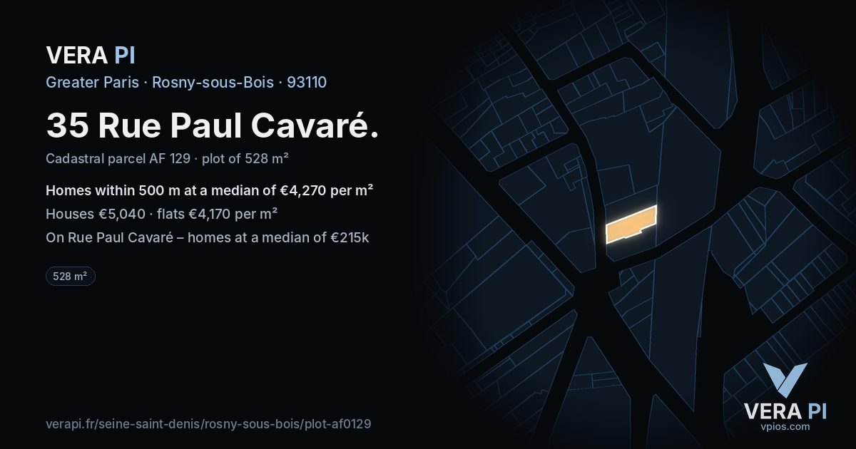 35 Rue Paul Cavaré, Rosny-sous-Bois at night – the plot lit, the parcels around coloured by the prices near them