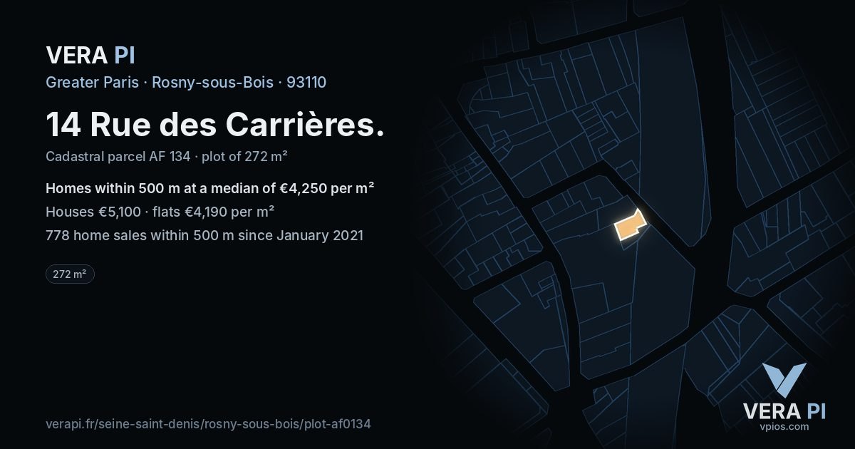 14 Rue des Carrières, Rosny-sous-Bois at night – the plot lit, the parcels around coloured by the prices near them