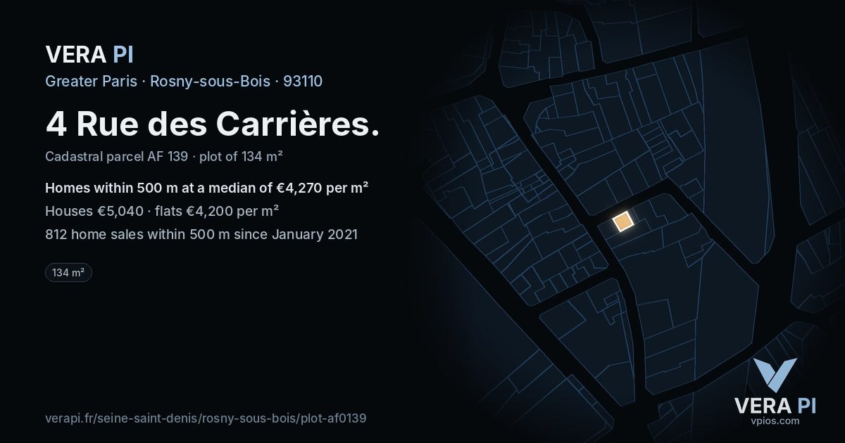 4 Rue des Carrières, Rosny-sous-Bois at night – the plot lit, the parcels around coloured by the prices near them