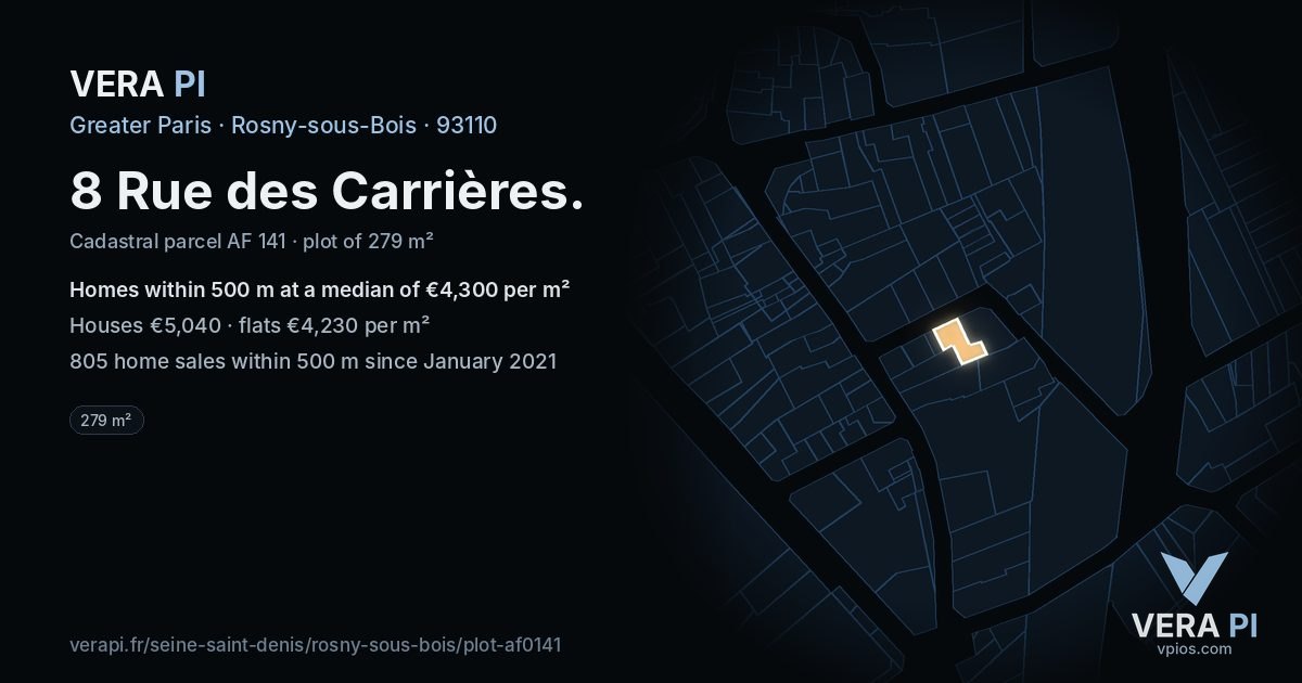 8 Rue des Carrières, Rosny-sous-Bois at night – the plot lit, the parcels around coloured by the prices near them