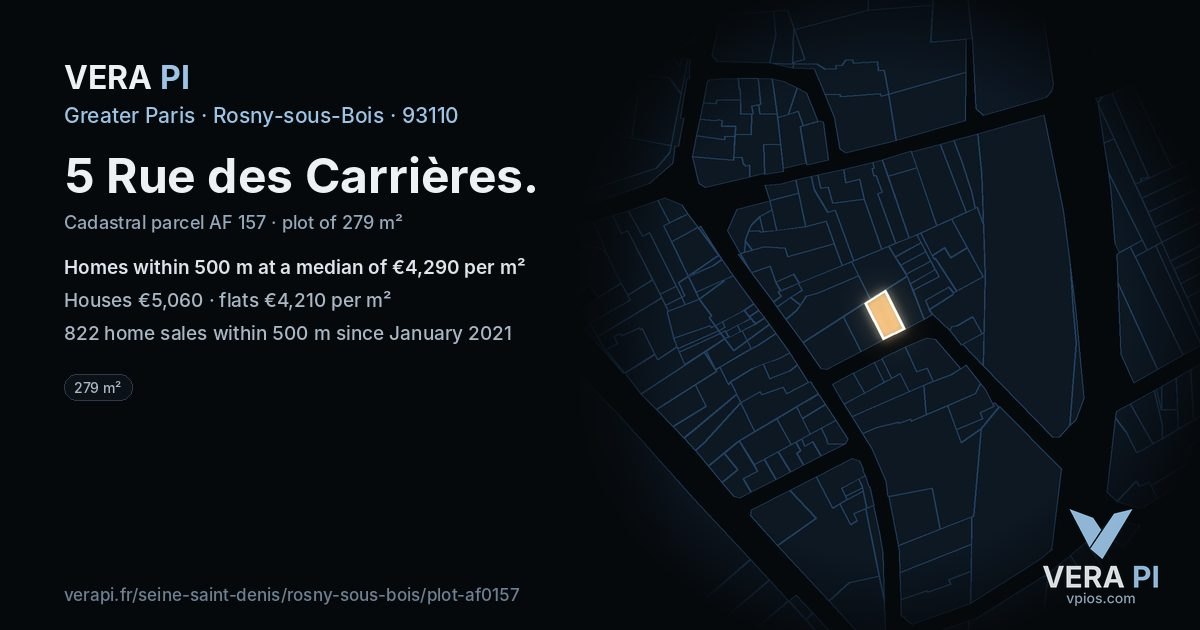 5 Rue des Carrières, Rosny-sous-Bois at night – the plot lit, the parcels around coloured by the prices near them