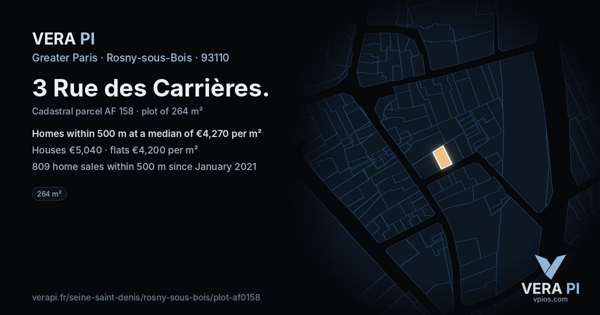 3 Rue des Carrières, Rosny-sous-Bois at night – the plot lit, the parcels around coloured by the prices near them