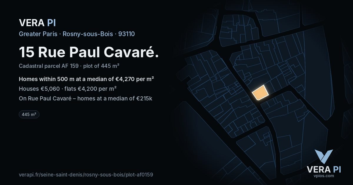 15 Rue Paul Cavaré, Rosny-sous-Bois at night – the plot lit, the parcels around coloured by the prices near them