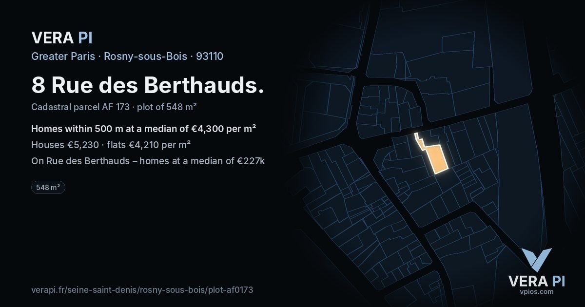 8 Rue des Berthauds, Rosny-sous-Bois at night – the plot lit, the parcels around coloured by the prices near them