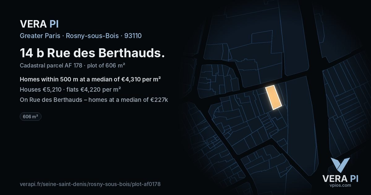 14 b Rue des Berthauds, Rosny-sous-Bois at night – the plot lit, the parcels around coloured by the prices near them