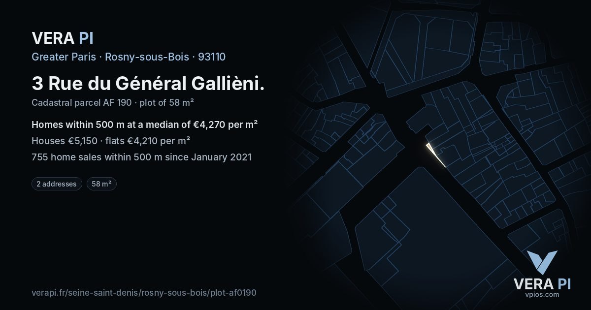 3 Rue du Général Gallièni, Rosny-sous-Bois at night – the plot lit, the parcels around coloured by the prices near them