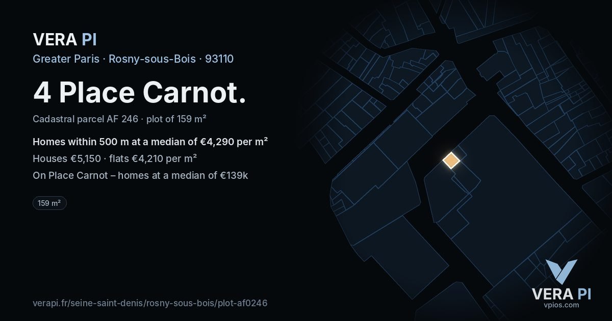 4 Place Carnot, Rosny-sous-Bois at night – the plot lit, the parcels around coloured by the prices near them