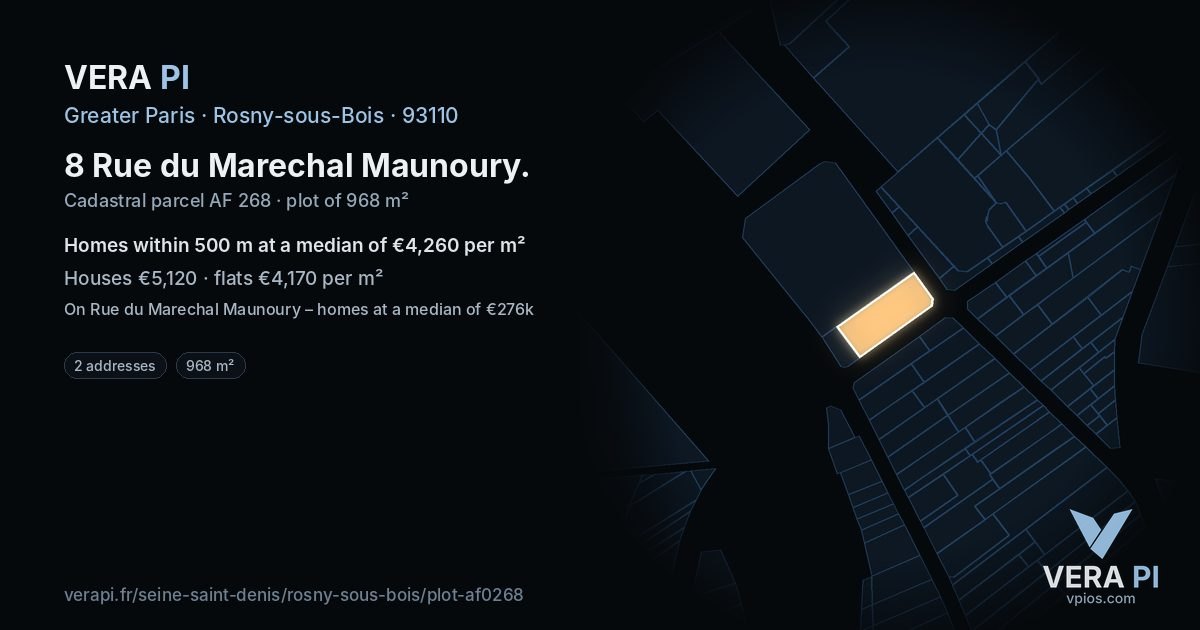 8 Rue du Marechal Maunoury, Rosny-sous-Bois at night – the plot lit, the parcels around coloured by the prices near them