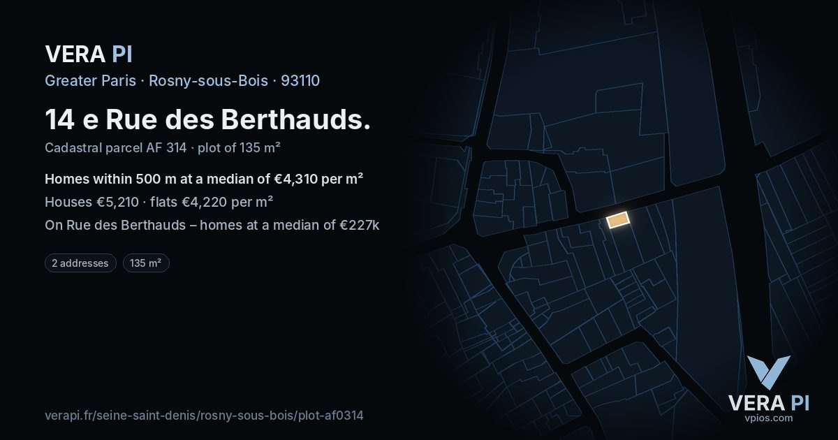 14 e Rue des Berthauds, Rosny-sous-Bois at night – the plot lit, the parcels around coloured by the prices near them