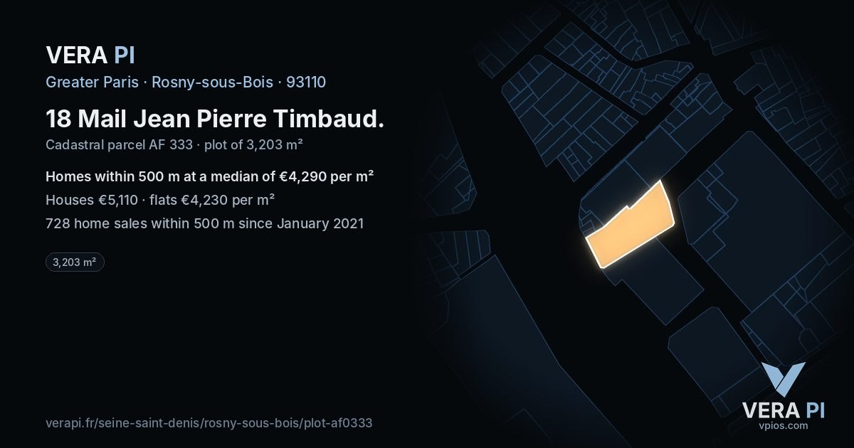 18 Mail Jean Pierre Timbaud, Rosny-sous-Bois at night – the plot lit, the parcels around coloured by the prices near them
