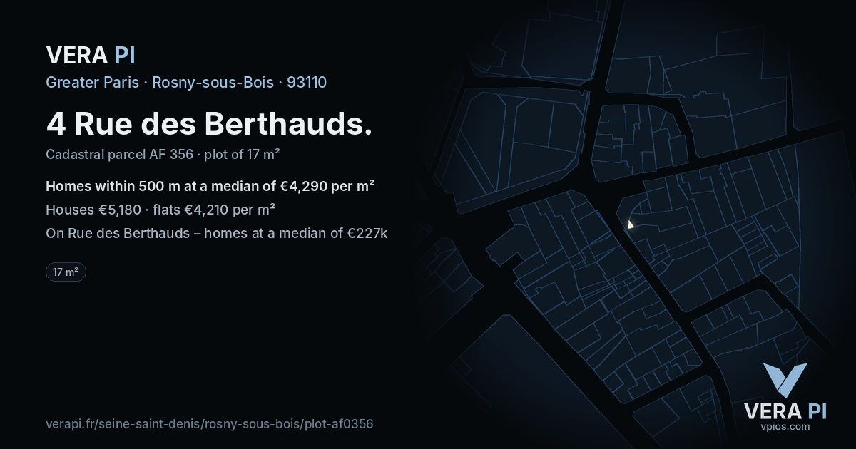 4 Rue des Berthauds, Rosny-sous-Bois at night – the plot lit, the parcels around coloured by the prices near them
