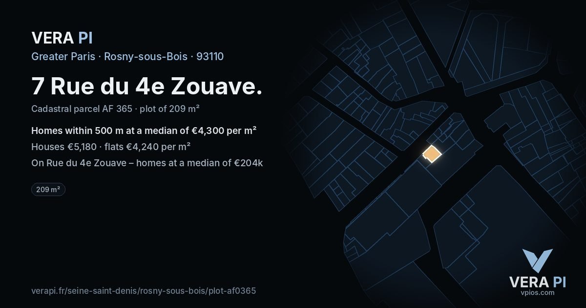 7 Rue du 4e Zouave, Rosny-sous-Bois at night – the plot lit, the parcels around coloured by the prices near them