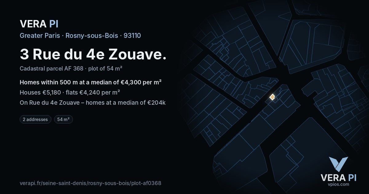 3 Rue du 4e Zouave, Rosny-sous-Bois at night – the plot lit, the parcels around coloured by the prices near them