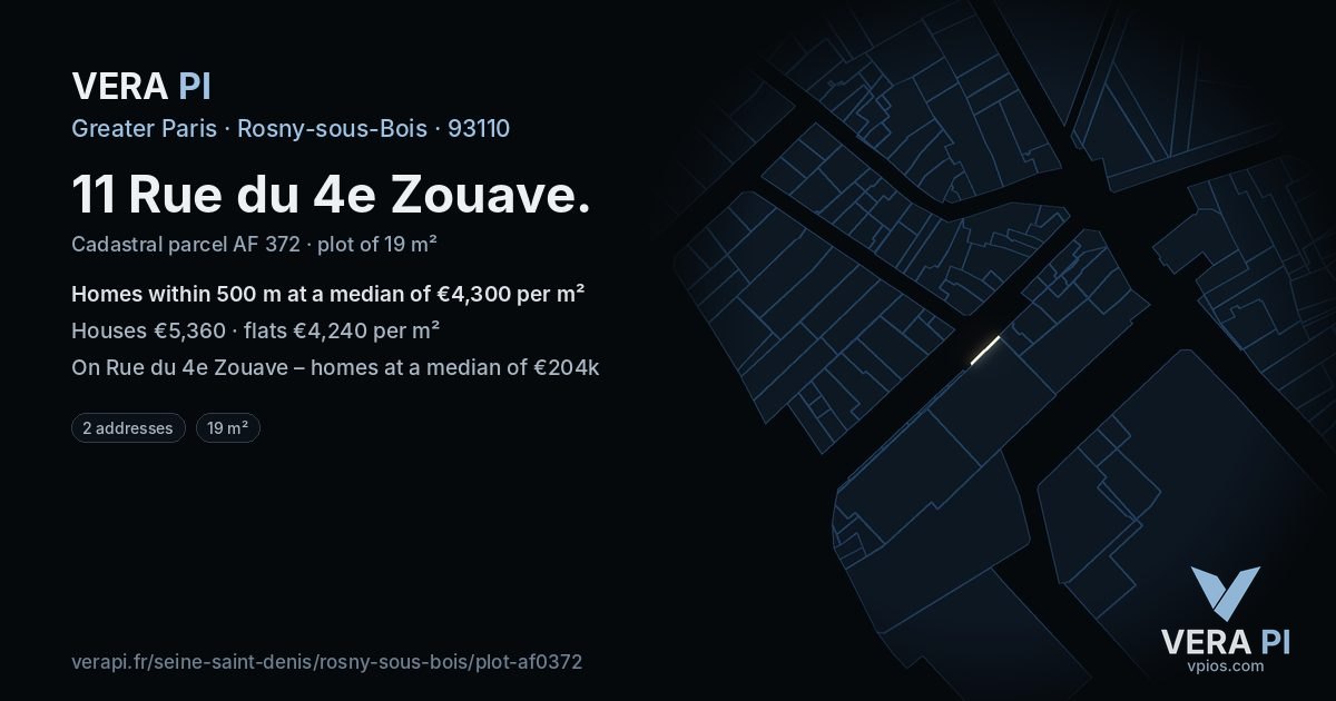 11 Rue du 4e Zouave, Rosny-sous-Bois at night – the plot lit, the parcels around coloured by the prices near them